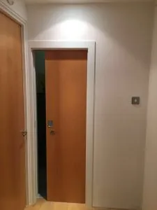 Bathroom pocket door installation in Islington, showing sleek, space-saving sliding door